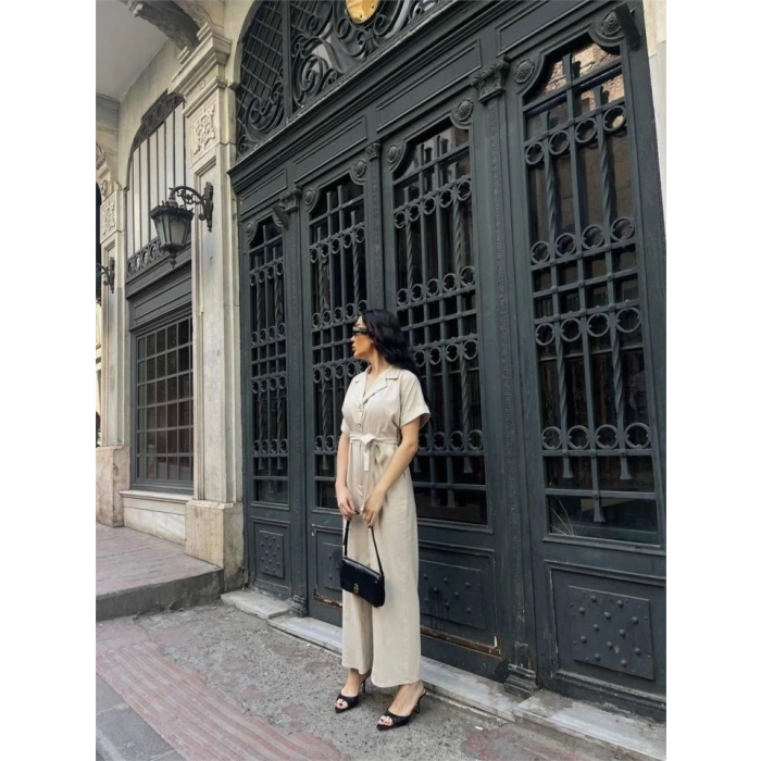 KETEN TULUM BEL BAĞLAMA DETAYLI - Krem