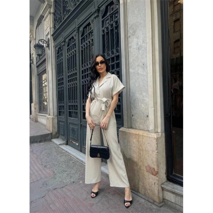 KETEN TULUM BEL BAĞLAMA DETAYLI - Krem