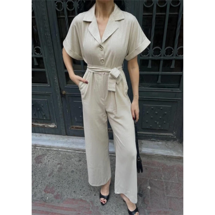 KETEN TULUM BEL BAĞLAMA DETAYLI - Krem