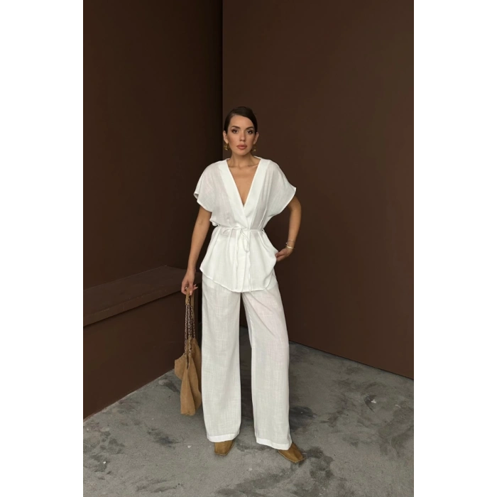 KETEN V YAKA BELDEN BAĞLAMALI BLUZ-PANTOLON TAKIM - Beyaz