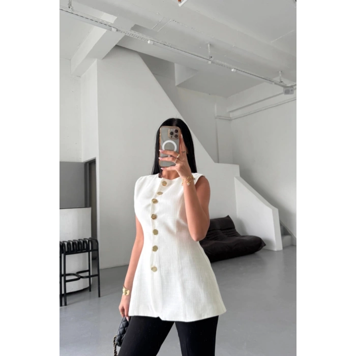 KETEN YELEK BELDEN OTURTMALISIRALI DÜĞME DETAYLI - Beyaz
