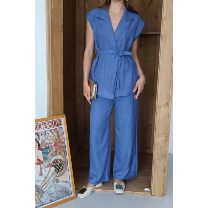 Keten yelek pantolon takım indigo pt