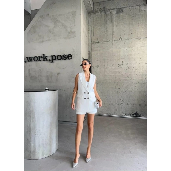 KETEN YELEK - ŞORT TAKIM - Beyaz