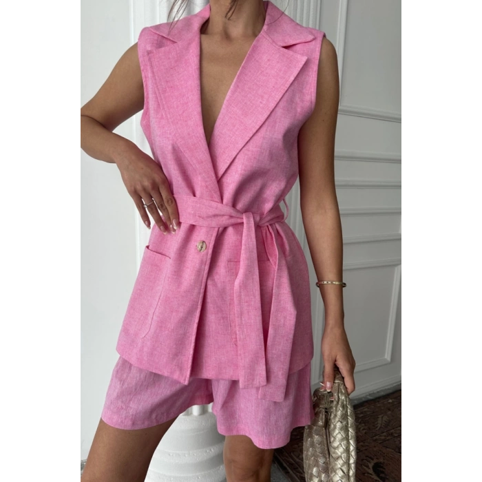 KETEN YELEK - ŞORT TAKIM - Pembe