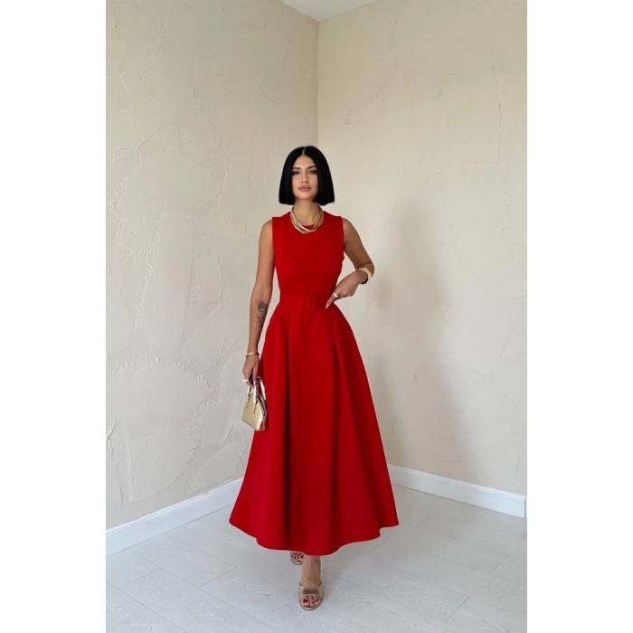 Kırmızı Halter Yaka Kloş Elbise