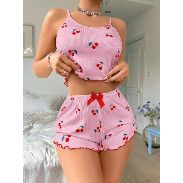Kadın Pembe Kiraz Desenli Askılı Şortlu Pijama Takım 5044
