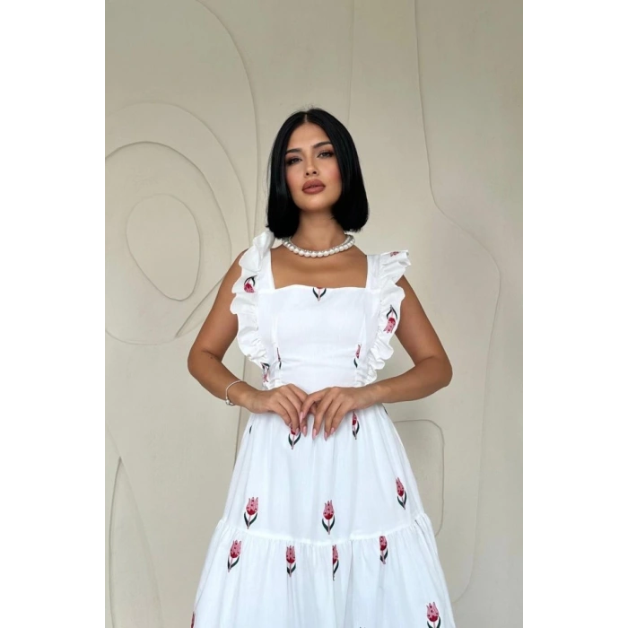 Kırmızı Sıfır Kol Fırfırlı Elbise