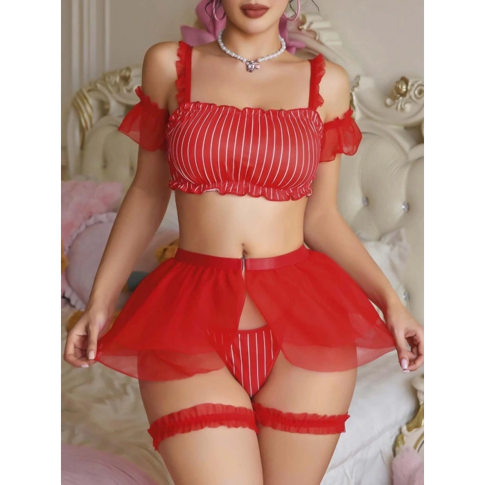 Kadın kırmızı Fantezi Kostüm kolları tül detaylı Fırfırlı 2186