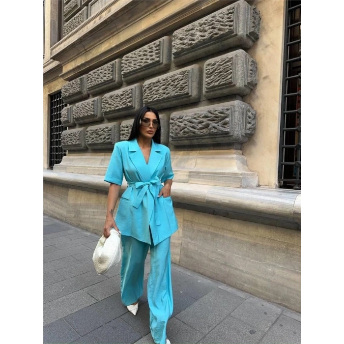 KISA KOL BAĞLAMA DETAYLI CEKET-PANTOLON TAKIM - Mavi