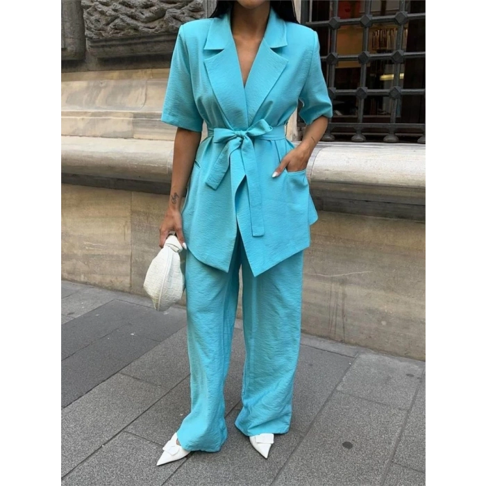 KISA KOL BAĞLAMA DETAYLI CEKET-PANTOLON TAKIM - Mavi