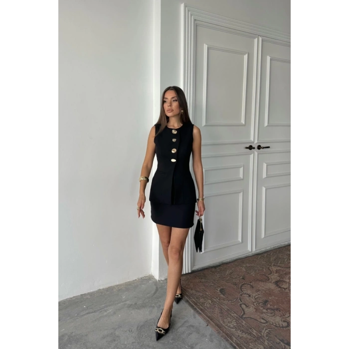 KLASİK GOLD DÜĞMELİ YELEK - KISA ETEK TAKIM - Siyah