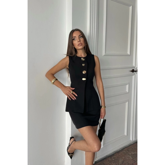 KLASİK GOLD DÜĞMELİ YELEK - KISA ETEK TAKIM - Siyah