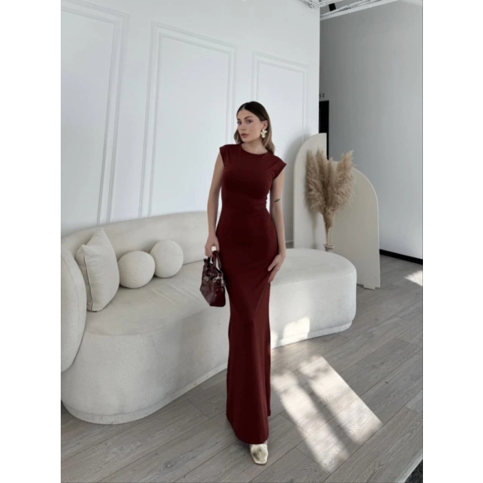 Kolsuz Uzun Likralı Elbise - Bordo