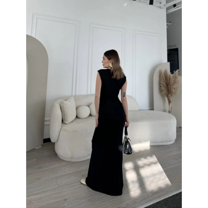 Kolsuz Uzun Likralı Elbise - Siyah