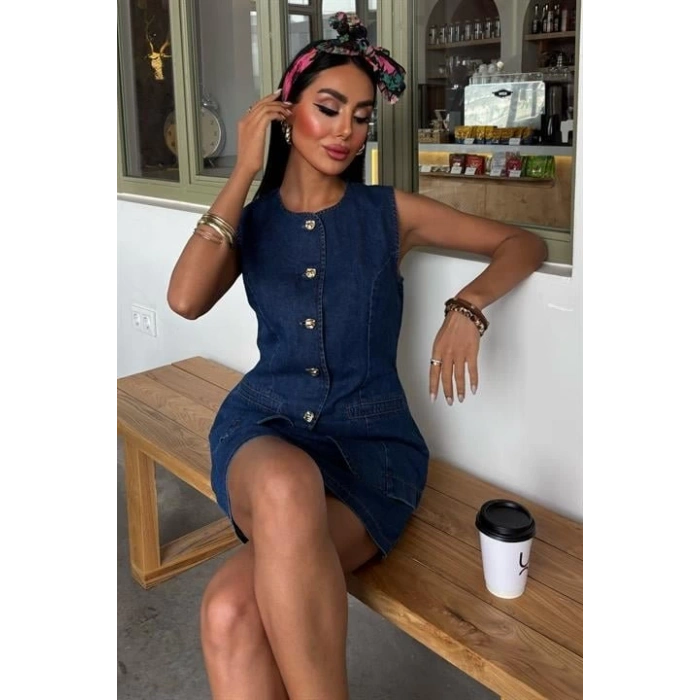 Kolsuz Yelekli Mini Etekli Denim Takım 10164