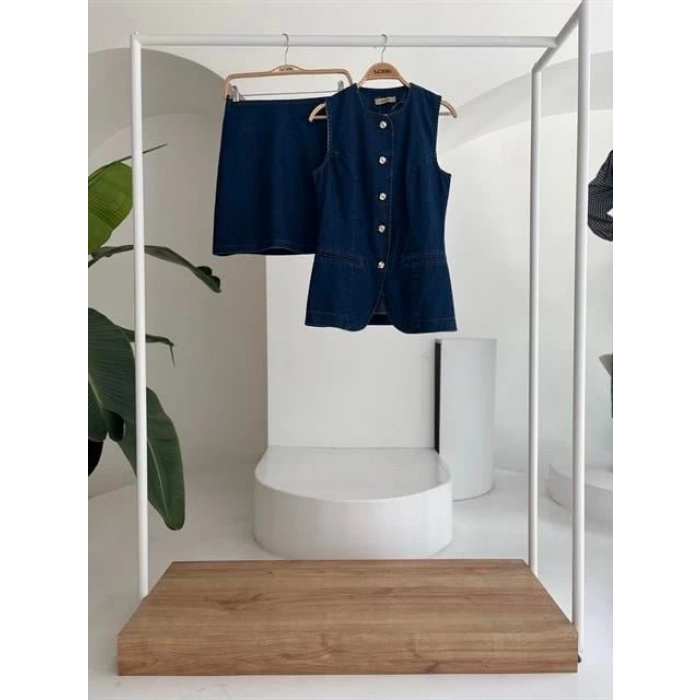 Kolsuz Yelekli Mini Etekli Denim Takım 10164