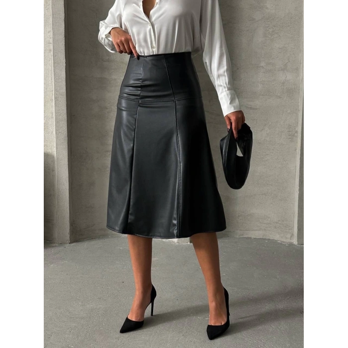 Komple parçalı deri etek siyah h26441