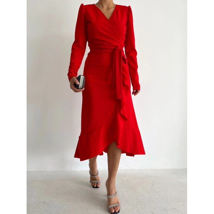 Krep Kumaş Midi Boy Kuşaklı Uzunkol Elbise