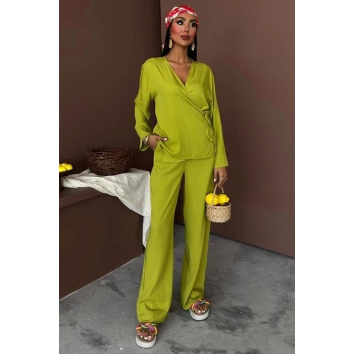 Kruvaze Model Klasik Pantolonlu Çupra Keten Takım 10191