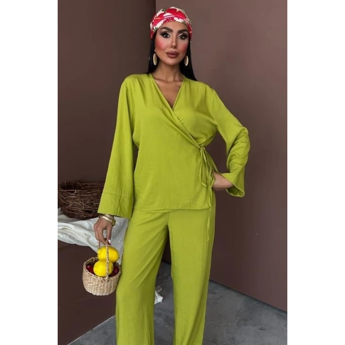 Kruvaze Model Klasik Pantolonlu Çupra Keten Takım 10191