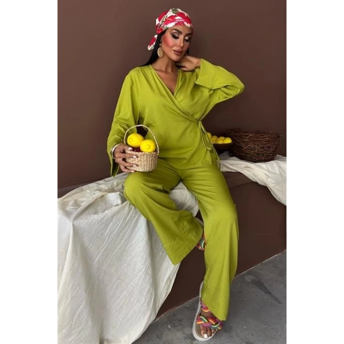 Kruvaze Model Klasik Pantolonlu Çupra Keten Takım 10191