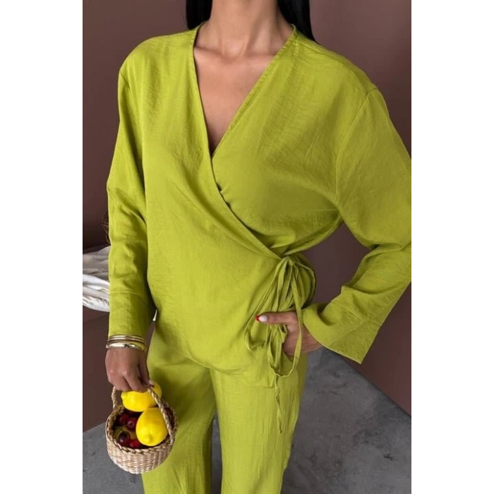 Kruvaze Model Klasik Pantolonlu Çupra Keten Takım 10191