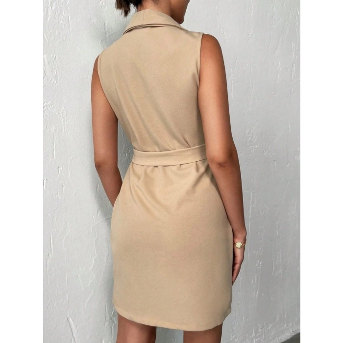 Kruvaze Yaka Kuşaklı Krep Kumaş Elbise