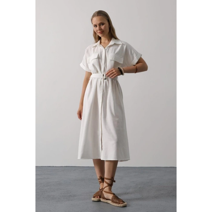 Kuşaklı Cep Detaylı Yarım Kol Elbise - Beyaz