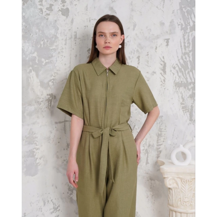 Kuşaklı gömlek yaka salaş tulum haki s255822