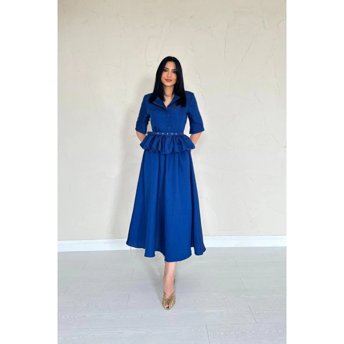 Lacivert İnce Kemerli Fırfırlı Ceket Ve Büzgülü Etek Takım