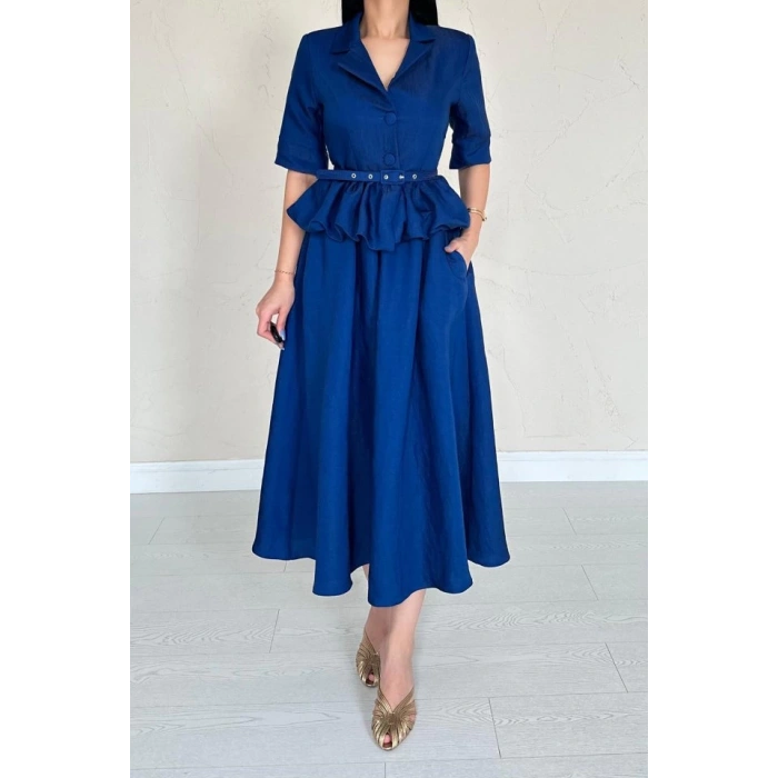 Lacivert İnce Kemerli Fırfırlı Ceket Ve Büzgülü Etek Takım