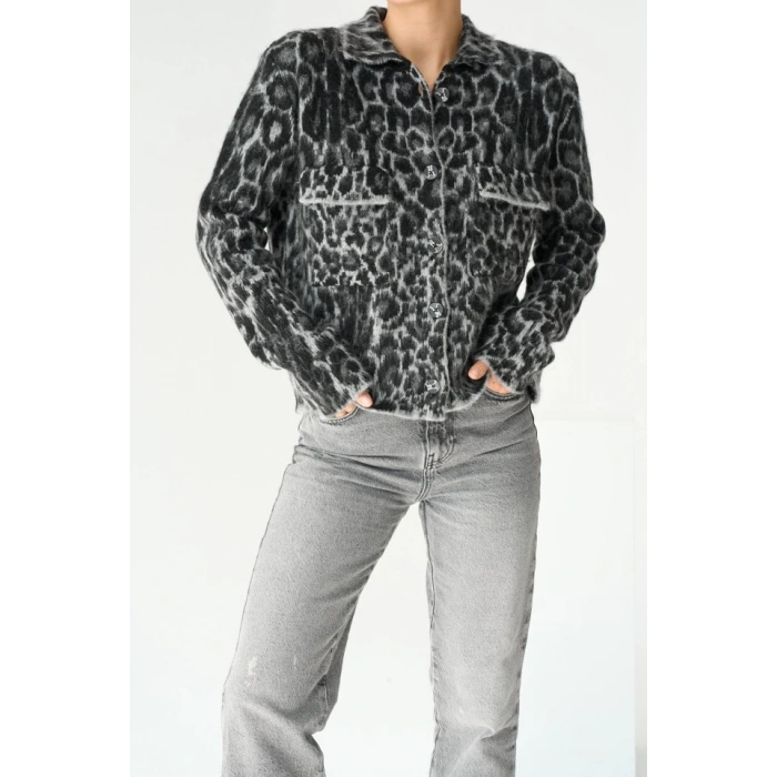 Leopar Desen Jakarlı Hırka - Siyah-Açık Gri