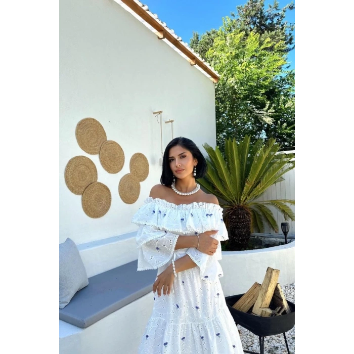 Lila Omuzları Lastikli Brode Elbise