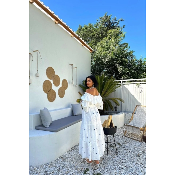 Lila Omuzları Lastikli Brode Elbise