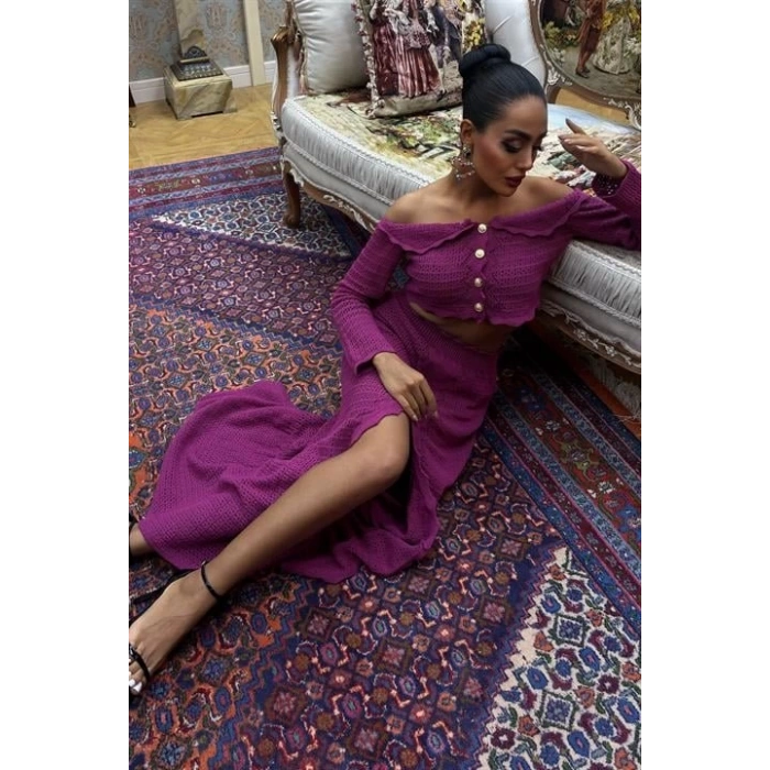 Madonna Yaka Derin Yırtmaç Etekli Şık Triko Takım 10099