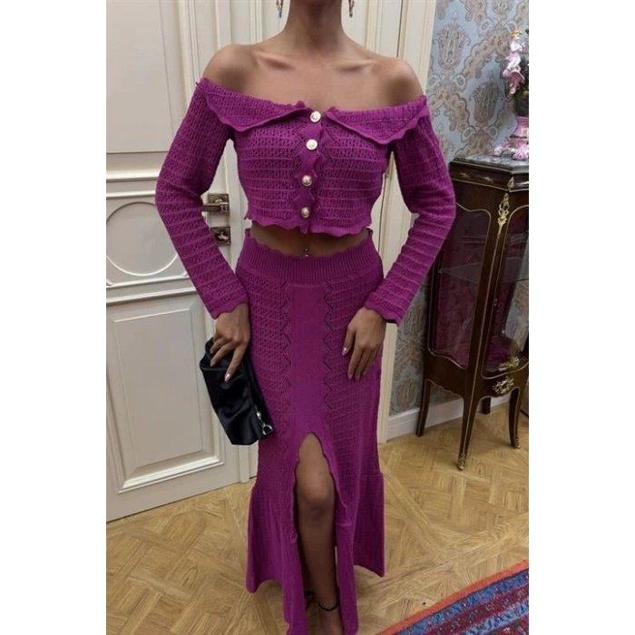 Madonna Yaka Derin Yırtmaç Etekli Şık Triko Takım 10099