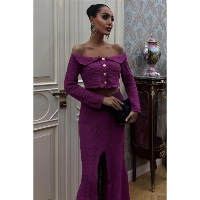 Madonna Yaka Derin Yırtmaç Etekli Şık Triko Takım 10099