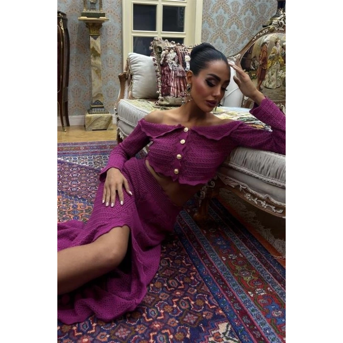 Madonna Yaka Derin Yırtmaç Etekli Şık Triko Takım 10099