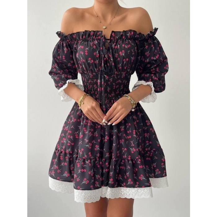 Marne Beli Lastikli Mini Elbise