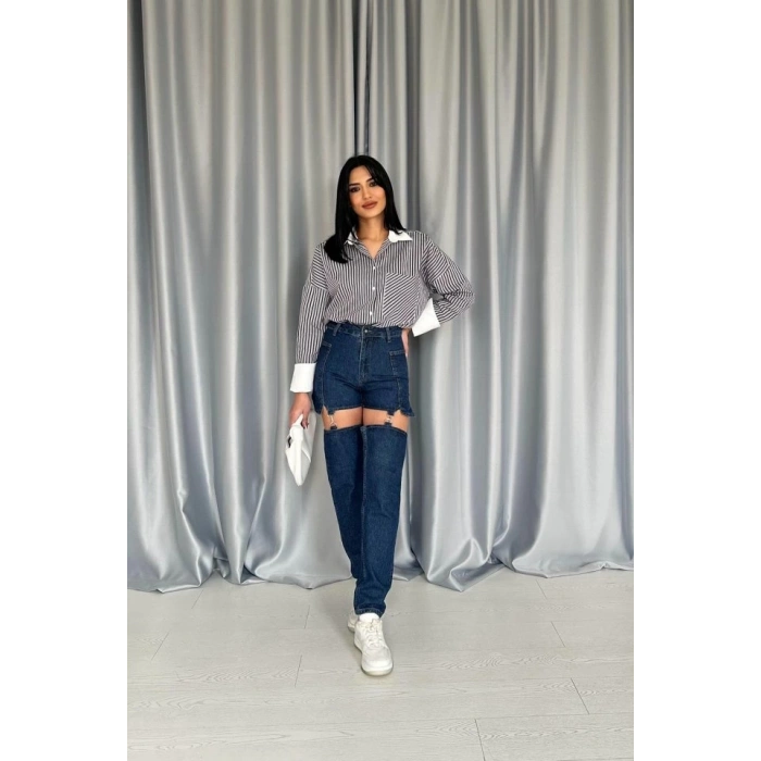 Mavi Askılı İki Parça Jeans Pantolon