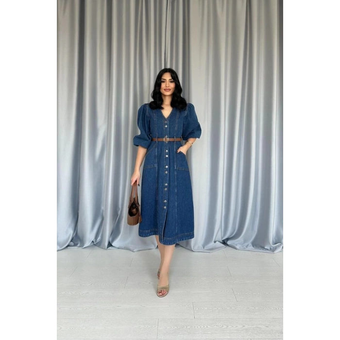 Mavi Balon Kol Kot Elbise