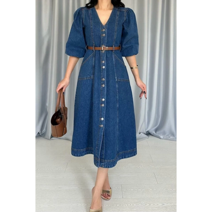 Mavi Balon Kol Kot Elbise