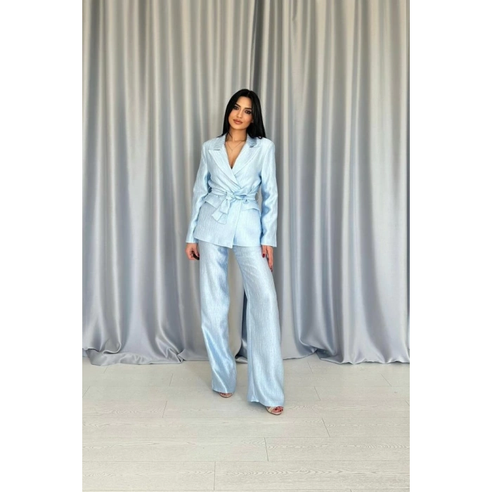 Mavi Beli Kuşaklı Ceket Ve Pantolon Parlak Takım