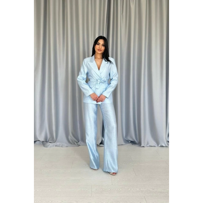 Mavi Beli Kuşaklı Ceket Ve Pantolon Parlak Takım