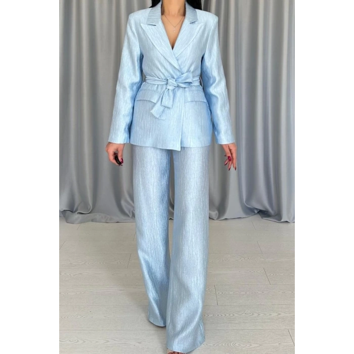 Mavi Beli Kuşaklı Ceket Ve Pantolon Parlak Takım