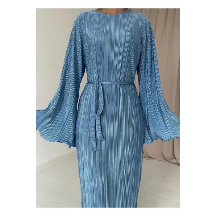 Mavi İspanyol Kol Piliseli Elbise