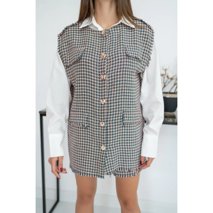 Mavi Kazayağı Desenli Yelek Ve Şort Takım