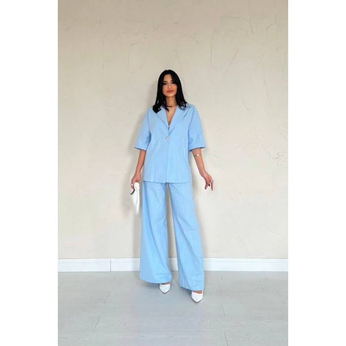 Mavi Önü Tek Düğmeli Ceket Pantolon Takım
