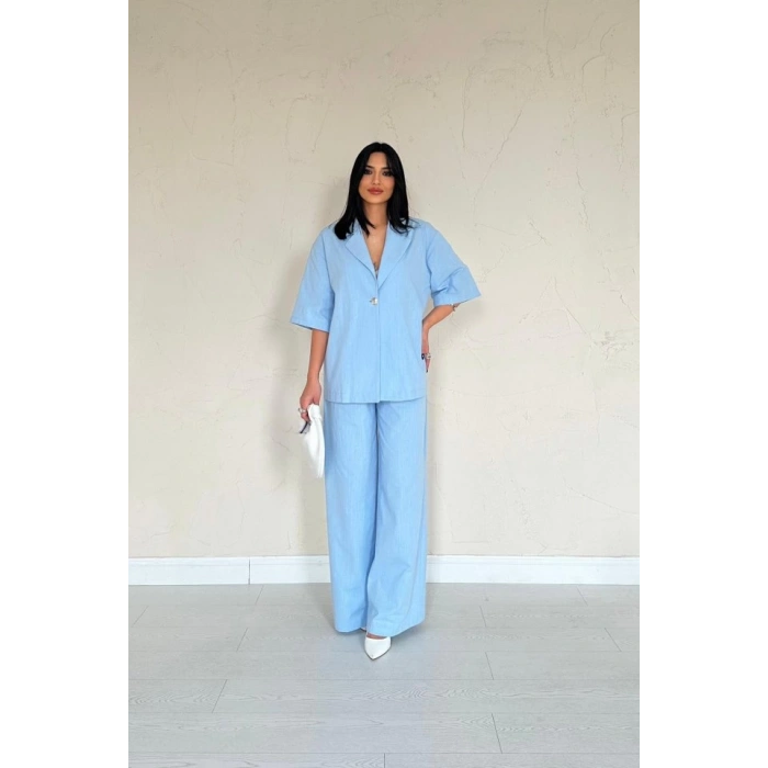 Mavi Önü Tek Düğmeli Ceket Pantolon Takım