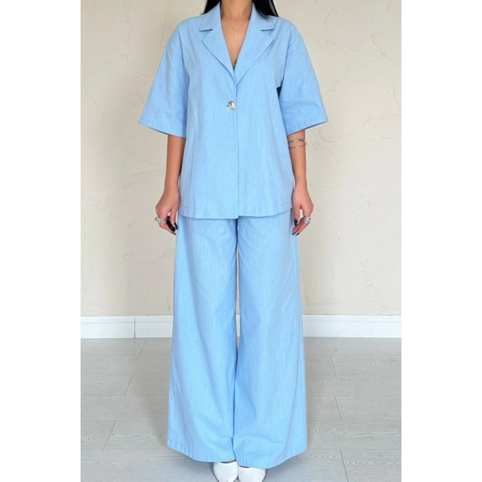Mavi Önü Tek Düğmeli Ceket Pantolon Takım